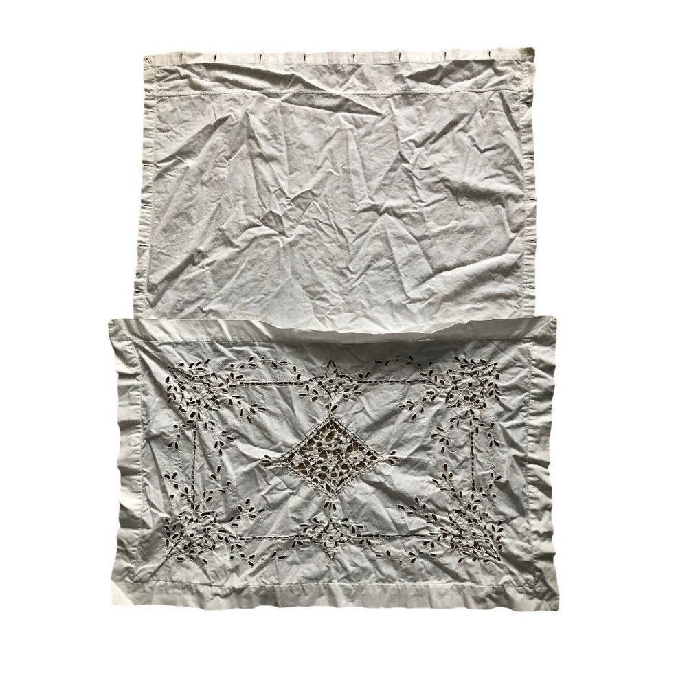 Vintage Hand Embroidered Pillowcase White Cut Work 28” x 18”